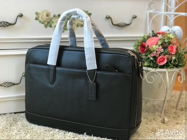 Coach большая чёрная мужская сумка кожа новая