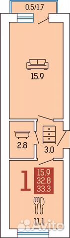 1-к квартира, 33.3 м², 3/5 эт.