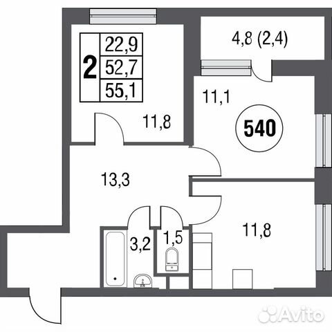 2-к квартира, 57.5 м², 2/24 эт. 2-к квартира, 57.5 м², 2/24 эт.