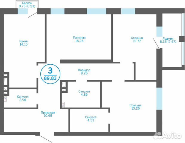 3-к квартира, 86.9 м², 3/24 эт. 3-к квартира, 86.9 м², 3/24 эт.