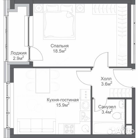 1-к квартира, 45.8 м², 12/16 эт.
