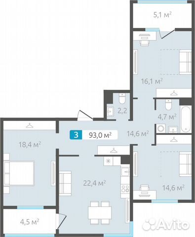 3-к квартира, 93 м², 3/4 эт. 3-к квартира, 93 м², 3/4 эт.