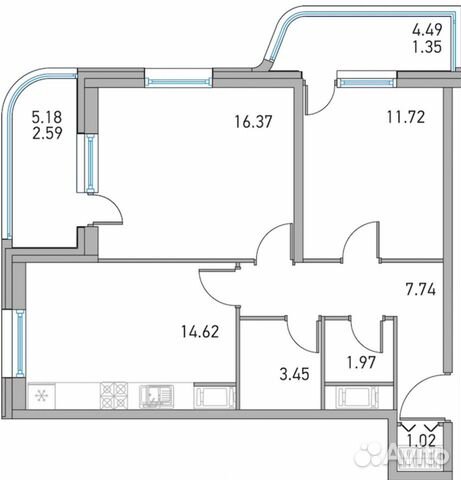 2-к квартира, 56.9 м², 3/16 эт. 2-к квартира, 56.9 м², 3/16 эт.