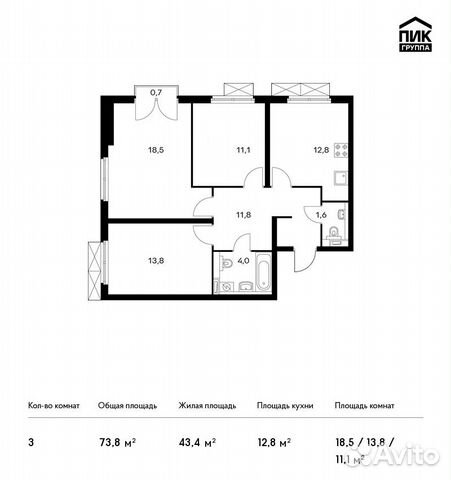 3-к квартира, 73.8 м², 8/20 эт.