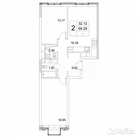 2-к квартира, 66.6 м², 3/16 эт.