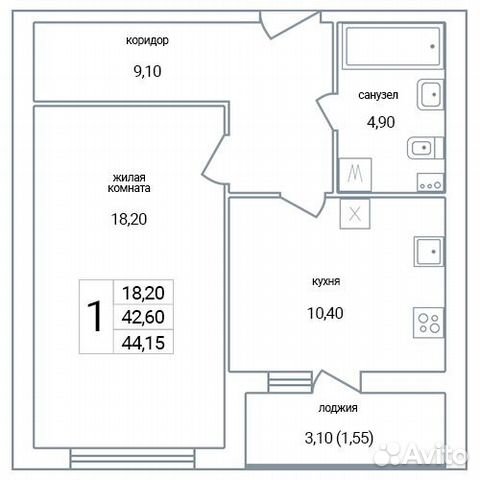 1-к квартира, 44.2 м², 4/4 эт.