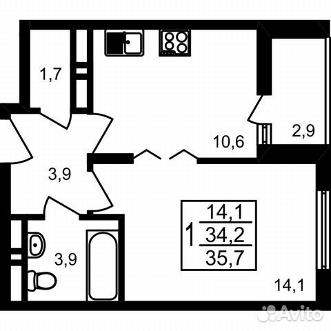 1-к квартира, 35.7 м², 1/17 эт.