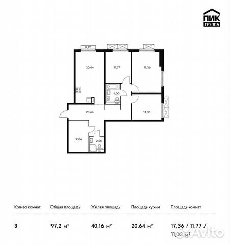 3-к квартира, 97.2 м², 18/20 эт.