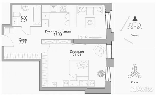 1-к квартира, 52.7 м², 20/35 эт.