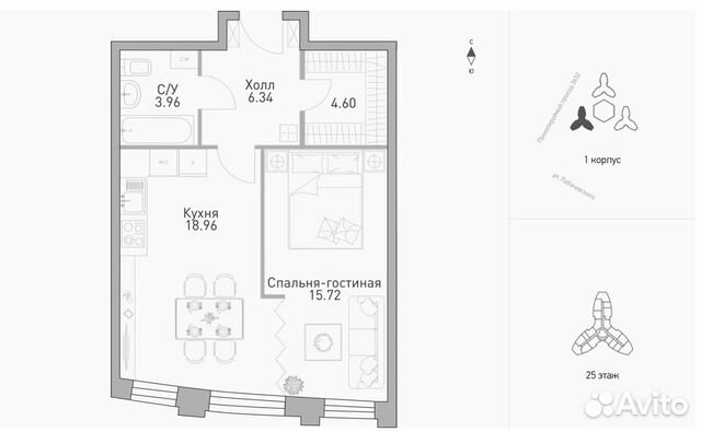 1-к квартира, 49.6 м², 25/35 эт.