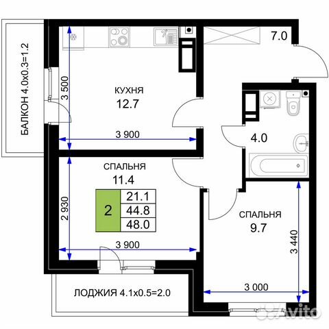 2-к квартира, 48 м², 15/16 эт.