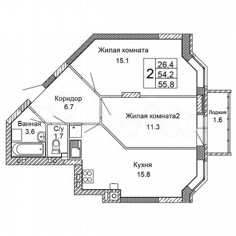 2-к. квартира, 55,8 м², 3/9 эт.