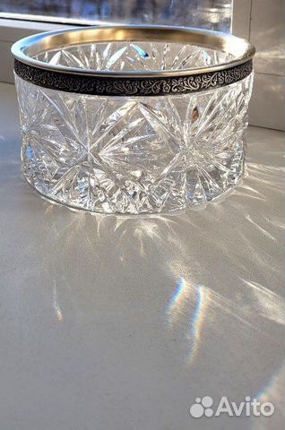 Конфетница салатник хрусталь с мельхиоровым ободко