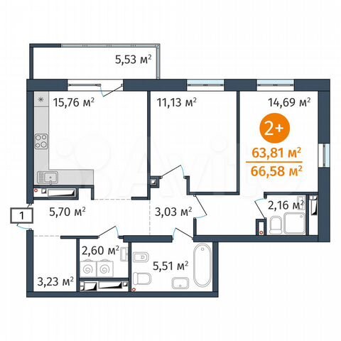2-к. квартира, 63,8 м², 20/25 эт.