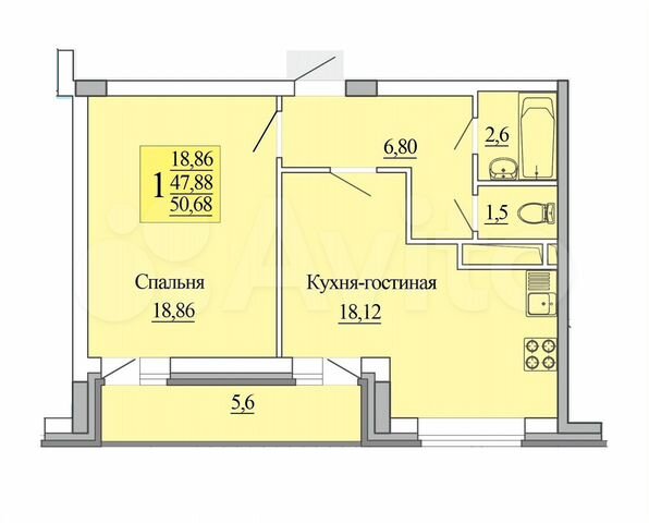 1-к. квартира, 50,7 м², 4/10 эт.