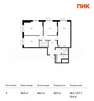 3-к квартира, 94.9 м², 8/14 эт.
