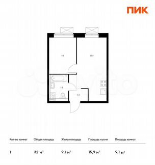 1-к квартира, 32 м², 2/19 эт.