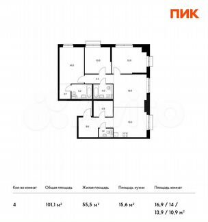 4-к квартира, 102.3 м², 7/26 эт.