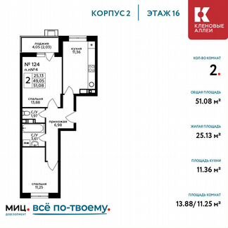 2-к квартира, 51.1 м², 16/17 эт.