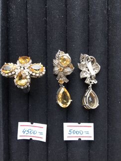 Комплект / кольцо / серьги / серебро 925 с цитрино