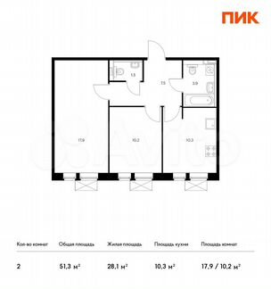 2-к квартира, 51.3 м², 2/9 эт.