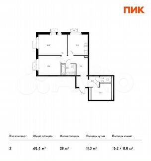 2-к квартира, 68.4 м², 9/17 эт.