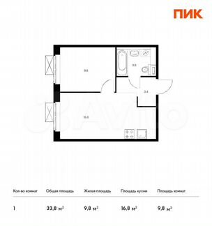 1-к квартира, 33.8 м², 7/17 эт.